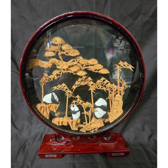 Vintage Chinese Panda Bamboo Diorama In Glass Case With Wooden Stand - Picture 5 of 8